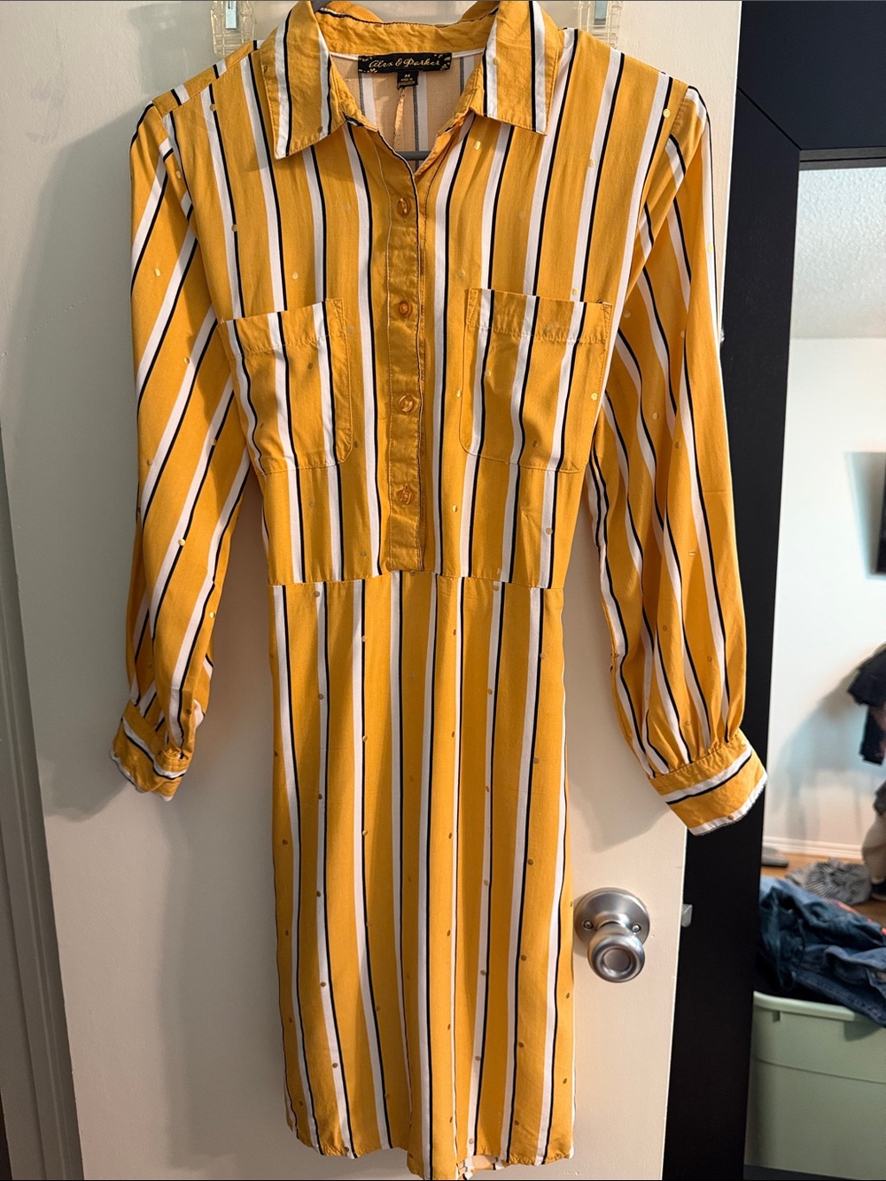 Striped Long-Sleeve Shirt Dress in Mustard